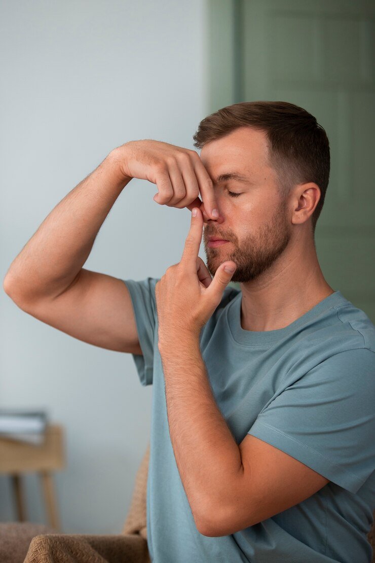 Homem segurando nariz - cirurgia de septo nasal